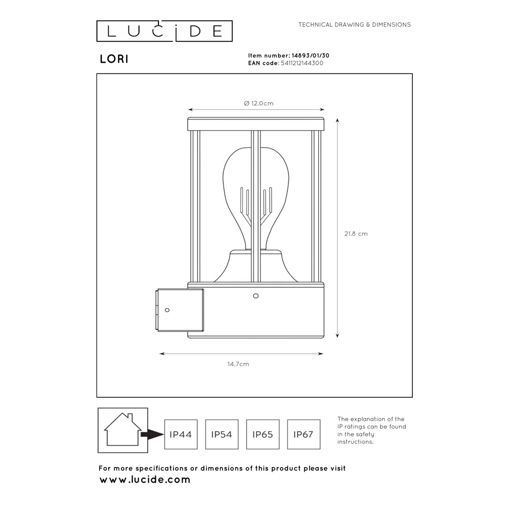 Lampe murale anthracite Lori avec capteur Lucide 5411212144300